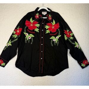 Rockmount Ranch Wear Shirt Mens XXLarge Black Floral Embroidered Western Snap